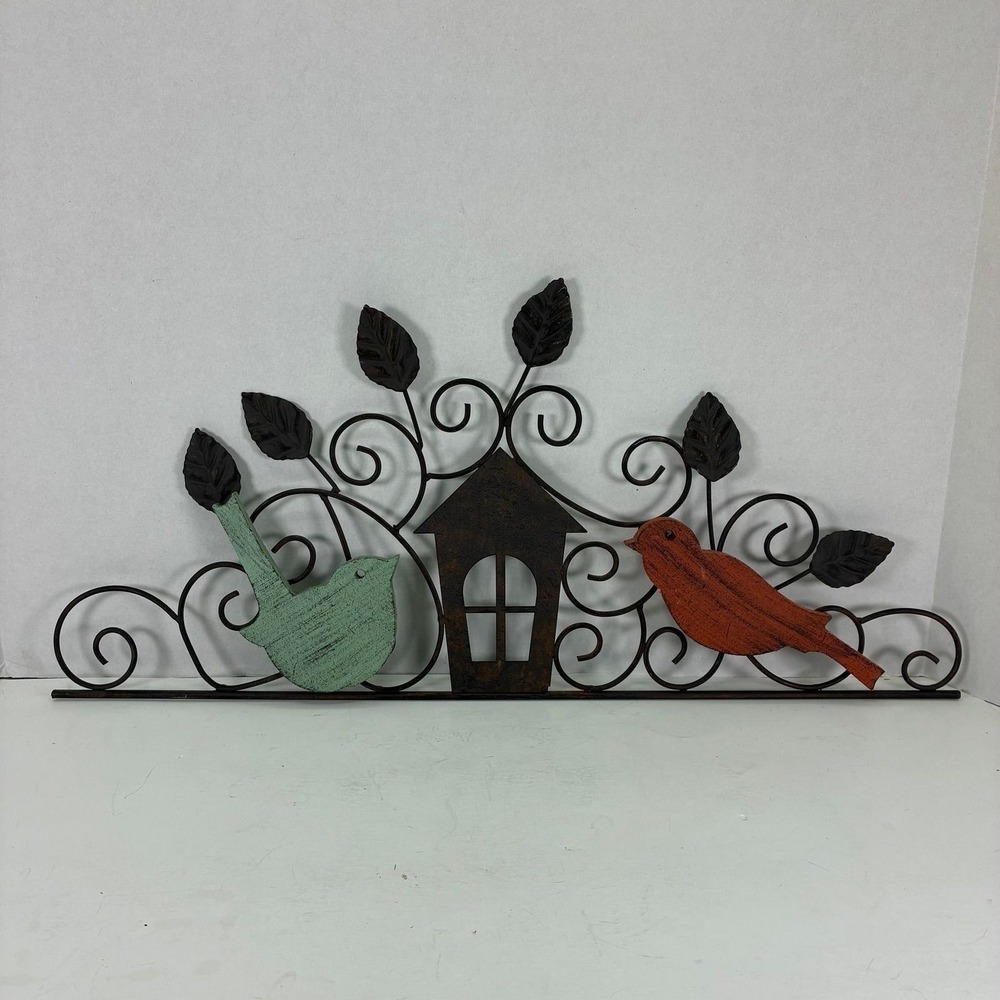 Rustic Metal Bird Birdhouse Scroll Wall Art Farmhouse Garden Decor Over Door